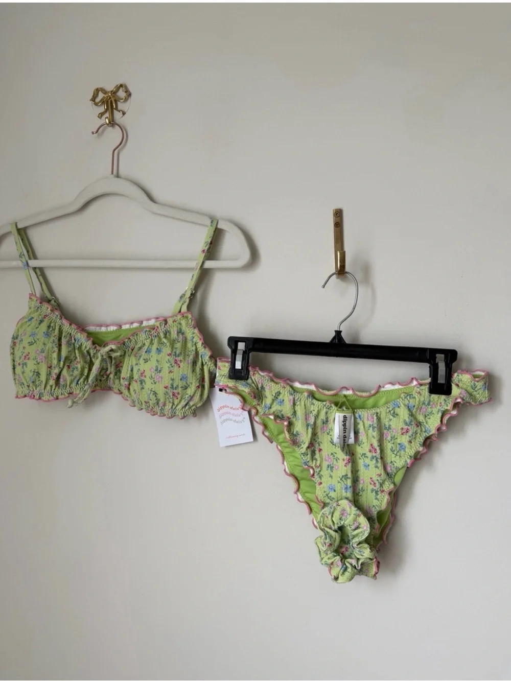 Dippin' Daisy's Green Floral Ruffle Bikini set and scrunchie